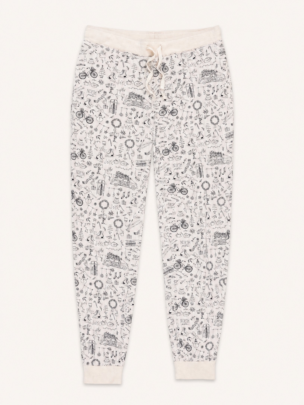 Goumi Cream Christmas Printed Jogger Pants with Drawstring Waist